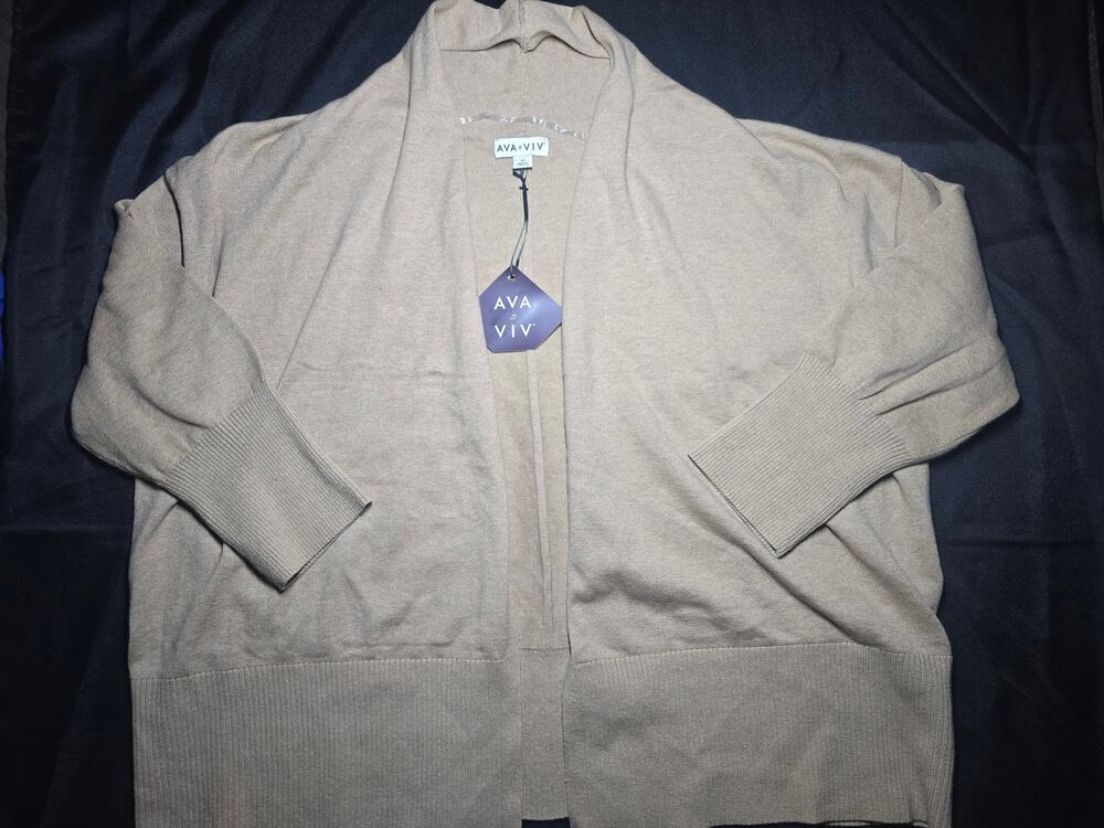 Ava & Viv Open Front Knit Cardigan Camel Long Sleeve Plus